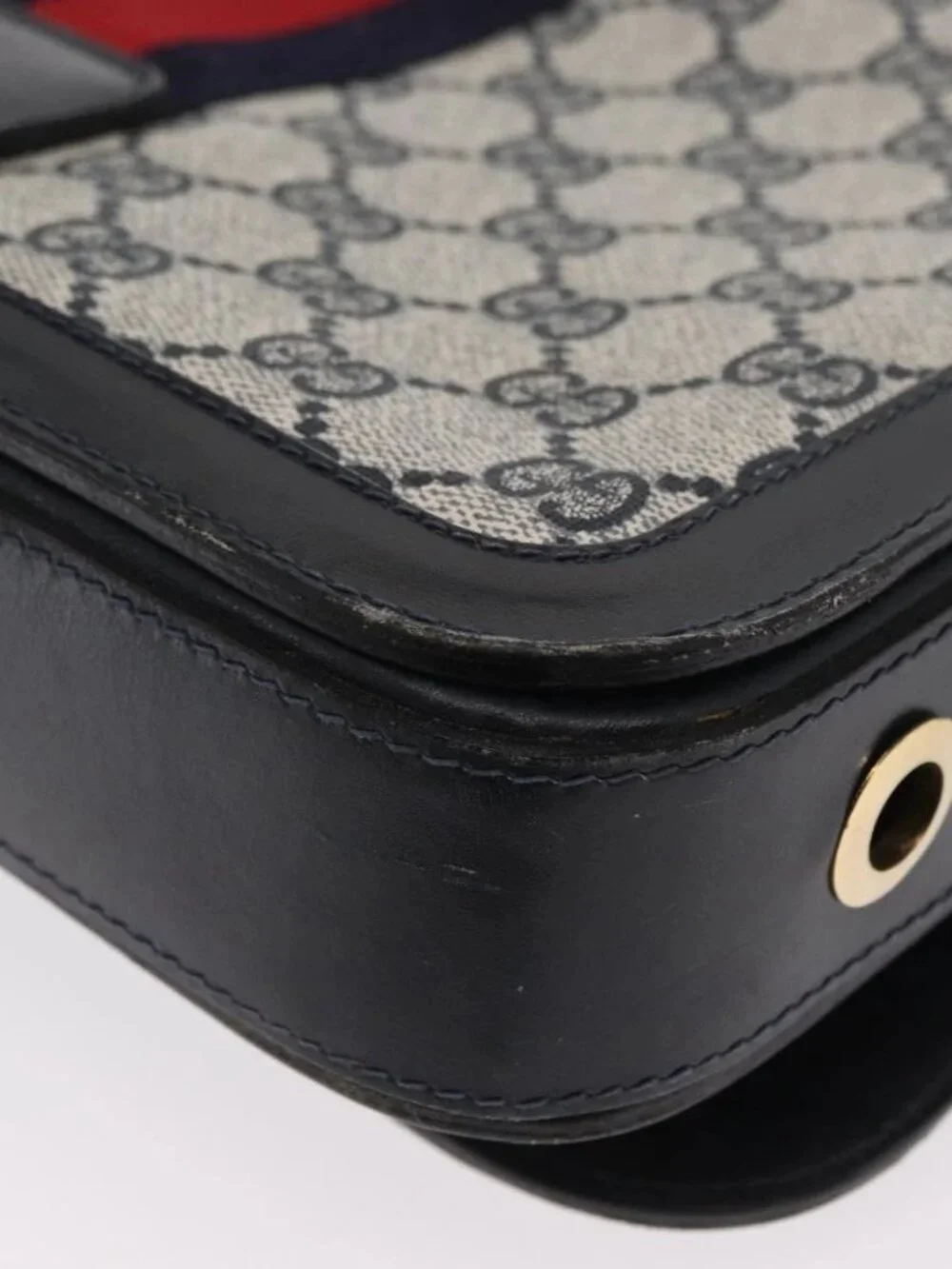 GUCCI GG Supreme Sherry Line Shoulder Bag PVC Navy Gold Auth ka2109